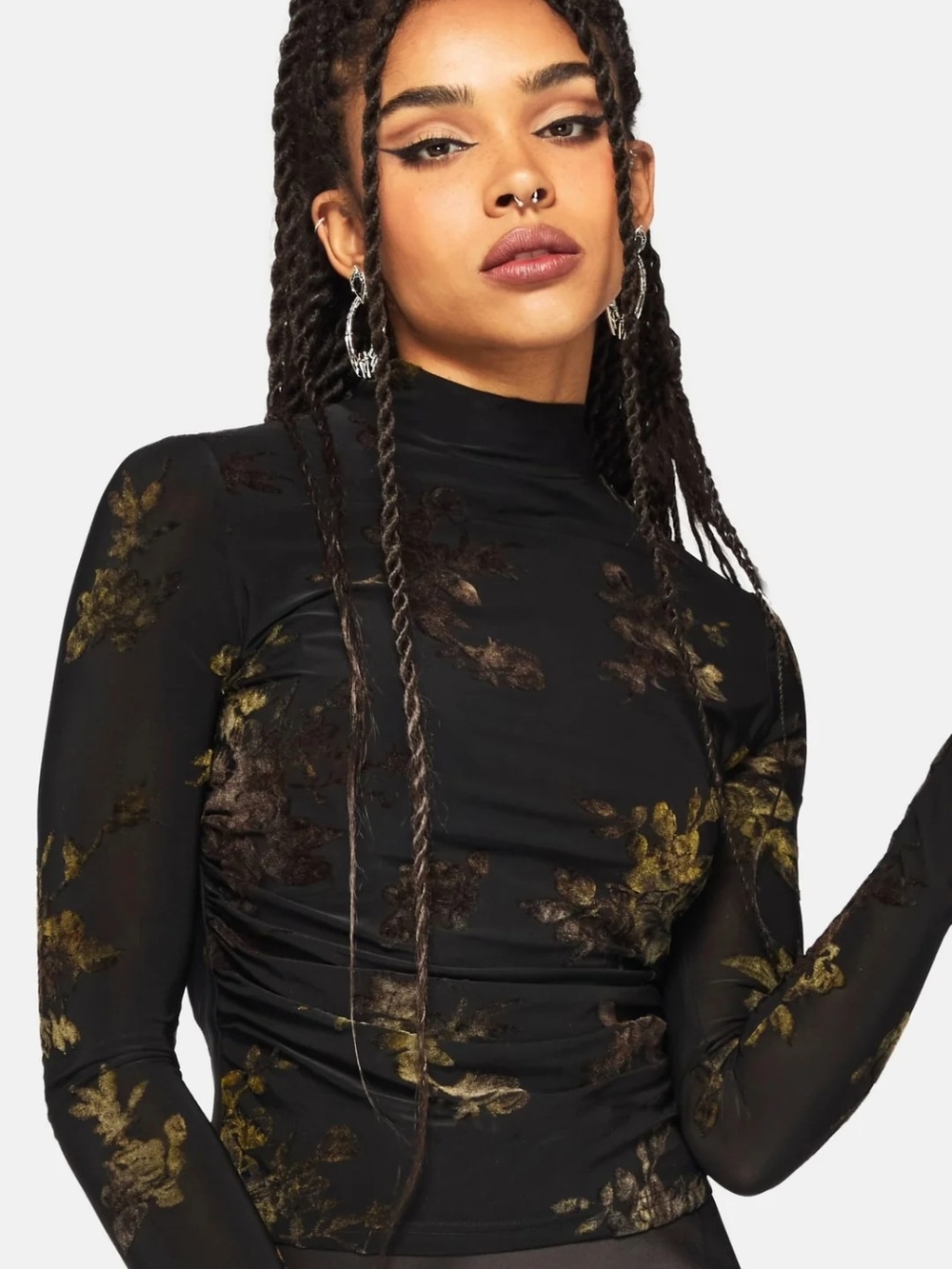 Disturbia Velda Floral Flocked Ruche Side Mesh Top Size US 12